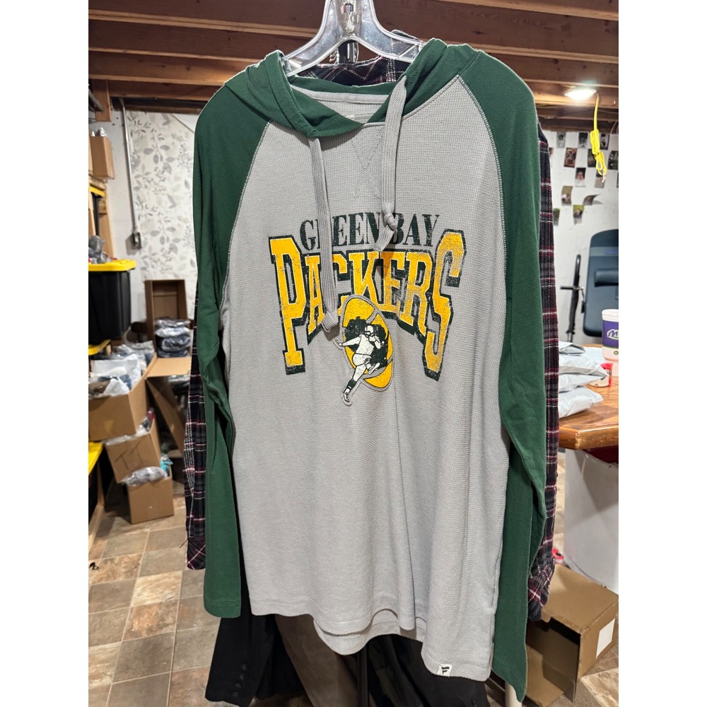 Fanatics Green Bay Packers Mens XL Waffle Knit Raglan Hooded Shirt Gray Green
